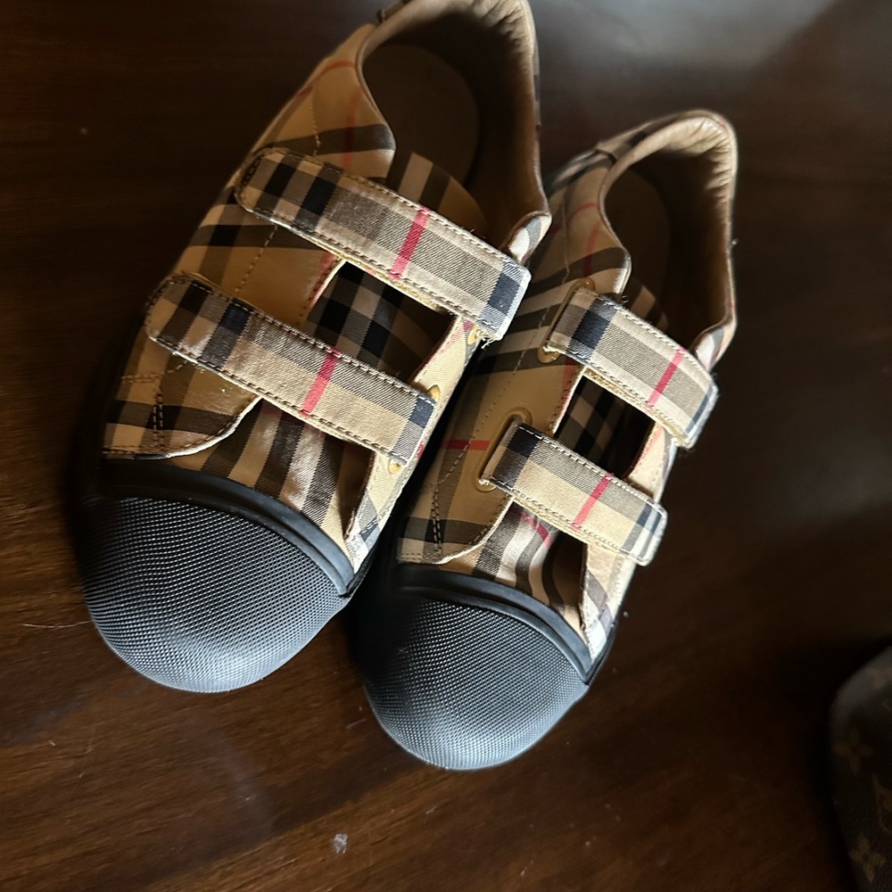 Burberry Tan and Black Plaid Sneakers with Velcro Straps